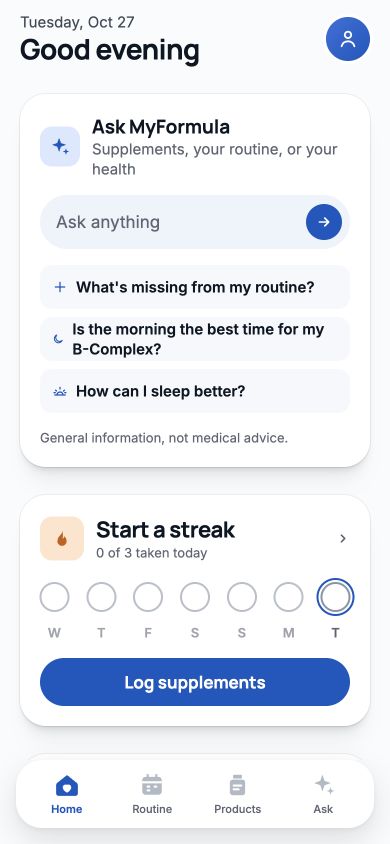 MyFormula Home screen with Ask MyFormula and questions about a sample routine.