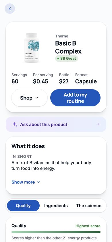 MyFormula product page with a quality rating, serving cost, and Quality, Ingredients, and The science tabs.