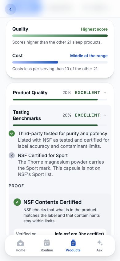Actual MyFormula testing breakdown: third-party testing criterion met; NSF Certified for Sport criterion not met for this capsule. Certification evidence appears below.