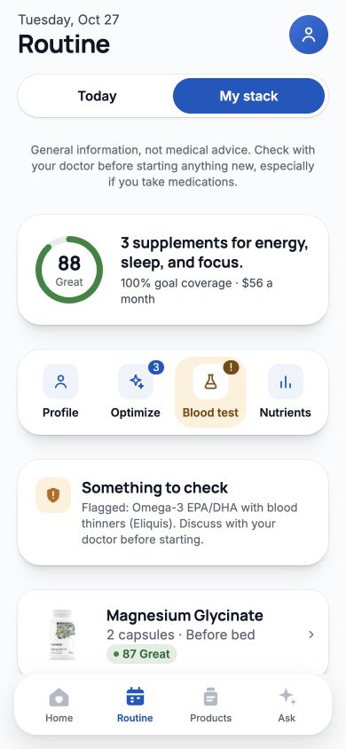 MyFormula’s actual My stack screen with a sample routine, quality score, estimated cost, and a medication interaction flag.