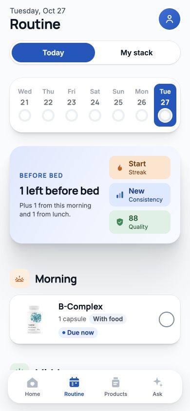 MyFormula Today screen with a weekly tracker, consistency cards, and a supplement to log.